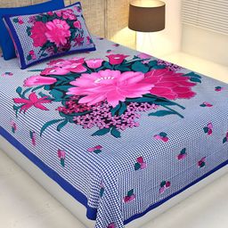 UBANIA COLLECTION Blue Floral Cotton 144 TC Single Bedsheet with Pillow Cover-image-22