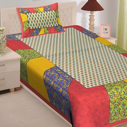 UBANIA COLLECTION Green Geometric Cotton 144 TC Single Bedsheet with Pillow Cover-image-86