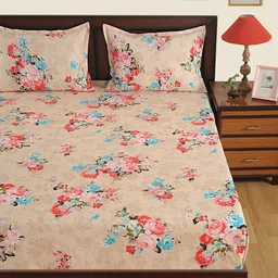 SWAYAM Beige & Red Floral Flat 180 TC Cotton 1 King Bedsheet with 2 Pillow Covers-48