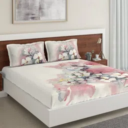 DDecor Off-White & Red Floral 144 TC Cotton 1 King Bedsheet with 2 Pillow Covers-16