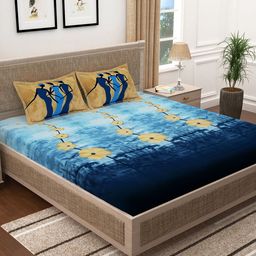 Story@home Blue & Beige Floral 300 TC Cotton 1 King Bedsheet with 2 Pillow Covers-image-56