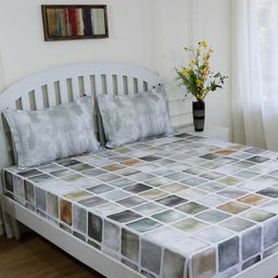 GM Grey & Off-White Geometric 180 TC Cotton 1 Queen Bedsheet with 2 Pillow Covers-25