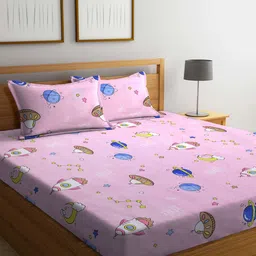 Arrabi Pink & Blue Conversational 300 TC Flat King Bedsheet with 2 Pillow Covers-image-92