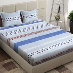 Arrabi Blue & White Geometric 300 TC King Bedsheet with 2 Pillow Covers-picture-35