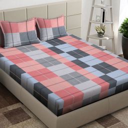 Arrabi Blue & Pink Geometric 300 TC King Bedsheet with 2 Pillow Covers-image-57