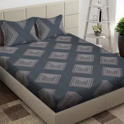 Arrabi Grey & Brown Geometric 300 TC King Bedsheet with 2 Pillow Covers-51