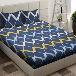Arrabi Grey & Blue Geometric 300 TC King Bedsheet with 2 Pillow Covers-image-83
