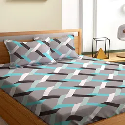 Aura Grey & Blue Geometric Microfiber 180 TC Queen Bedsheet with 2 Pillow Covers-4