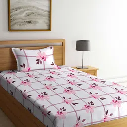 KLOTTHE White & Pink Floral-Printed 300TC Single Bedsheet With 1 Pillow Cover-image-60