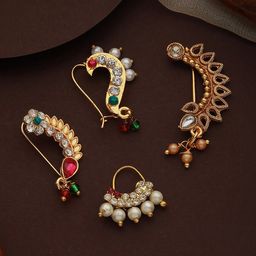 Jazz and Sizzle Set Of 4 Gold-Plated Stone-Studded & Beaded Nosepin-picture-6