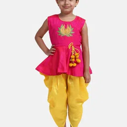 BownBee Girls Pink & Yellow Embroidered Kurti with Dhoti Pants-picture-41