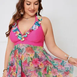 Plus Curvves Women Plus Size Flower Printed Two Piece Halter Neck Swimsuit-image-48