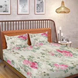 Huesland Beige & Green Floral Printed 144 TC Cotton King Bedsheet With 2 Pillow Covers-image-87