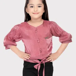 Tiny Kingdom Girls Self Design Puff Sleeves Waist Tie-Ups Shirt Style Top-image-23