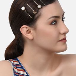 AMI Women Gold-Toned & White Set of 4 Embellished Bobby Pins-42