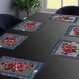 Dakshya Industries Blossom 6 Pcs Blue & Red Printed Waterproof Rectangular Table Placemats image 2
