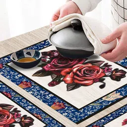 Dakshya Industries Blossom 6 Pcs Blue & Red Printed Waterproof Rectangular Table Placemats image 3