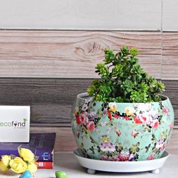ecofynd Sea Green & Pink Printed Metal Planter with Saucer Plate-18