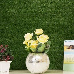 BS AMOR Yellow & Green Rose Artificial Flowers With Glass Vase-53