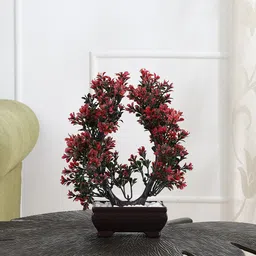 FOLIYAJ Red & Brown Artificial Bonsai U Shaped Plant With Leaves & Pot-1
