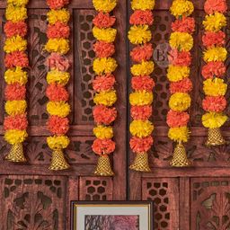 BS AMOR Yellow & Orange Coloured 6 Pieces Marigold Fluffy Artificial Creeper Bail-33