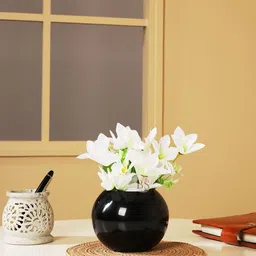 BS AMOR White & Black Lily Flowers Bunch With Metal Vase-image-38