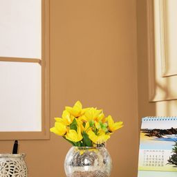 BS AMOR Yellow & Green Lily Artificial Flowers With Glass Pot-1