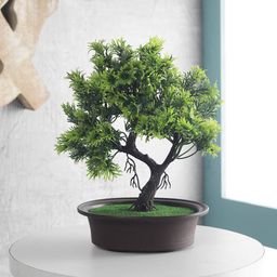 FOLIYAJ Green & Black Artificial Y Shape Bonsai Tree With Leaves-39