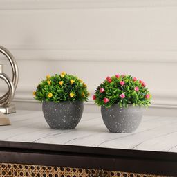 FOLIYAJ Green & Yellow 2 Pcs Artificial Flowers With Pot-29