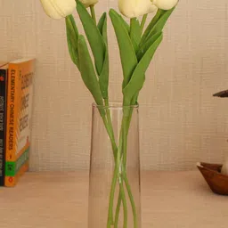 TIED RIBBONS Set of 5 Off White & Green Artificial Tulip Flower Sticks With Glass Vase-image-37