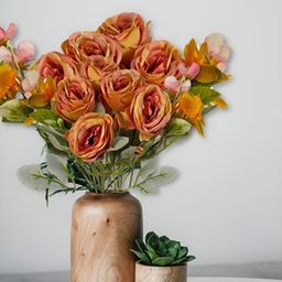 ARTSY Orange & Green 2 Pieces Rose Non Hanging Artificial Flowers-48