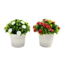 FOLIYAJ Set Of 2 White & Red Gerbas Artificial Plant With Pot image 5