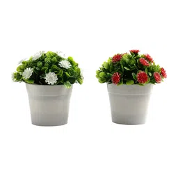 FOLIYAJ Set Of 2 White & Red Gerbas Artificial Plant With Pot image 2