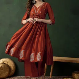 Sangria Rust Brown Floral Embroidered Empire Anarkali Kurta With Palazzos-picture-41