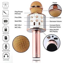 VRJTEC Karaoke Golden Color Mic - Wireless & 2 in 1 Portable Microphone with Speaker, Continuous Play+ Audio Recording + Card Slot + Aux Port + USB Charging for Wireless Singing, Parties image 4