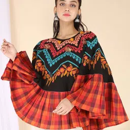 MESMORA FASHION Women Black & Orange Floral Cotton Poncho-picture-33