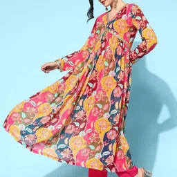 Sangria Pink Printed & Embroidered A-Line Kurta With Trouser Set image 4