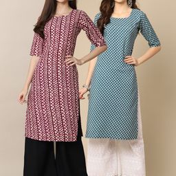 KALINI Women Pack of 2 Magenta & Teal Geometric Printed Block Print Handloom Crepe Kurta-image-48