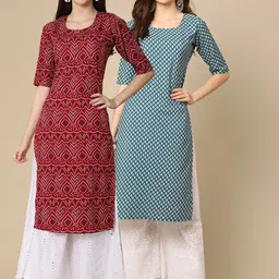 KALINI Women Pack of 2 Maroon and Blue Geometric Print Crepe Kurta-image-50