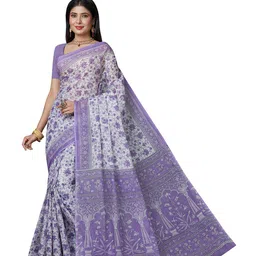 SHANVIKA Lavender & White Floral Pure Cotton  Block Print Saree-image-46