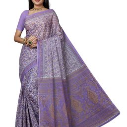 SHANVIKA Lavender & White Floral Pure Cotton  Block Print Saree-image-48