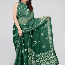 MIRCHI FASHION Green & Cream-Coloured Batik Block Printed Saree-0