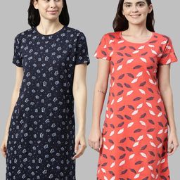 Kryptic Pack of 2 Navy Blue & Orange Floral Printed Pure Cotton T-shirt Nightdress-image-43