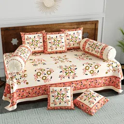 BLOCKS OF INDIA Set Of 8 Peach-Coloured & Cream-Coloured Floral Printed Pure Cotton Diwan Set-43