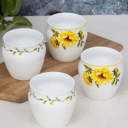 CLAY CRAFT Set Of 4 Yellow & White Floral Printed Ceramic Glossy Kulladhs-3