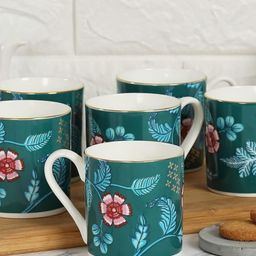 India Circus Blue & Green Floral Printed Set of 6 Ceramic Glossy Cups-4
