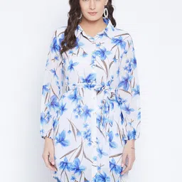 Bitterlime White & Blue Shirt Collar Floral Printed Tunic-image-66