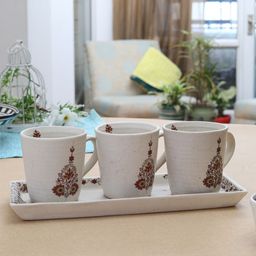 MIAH Decor Set Of 4 Cream-Coloured & Brown Hand Painted Stoneware Matte Mugs & Platter-6