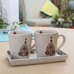 MIAH Decor Cream-Coloured Handcrafted & Hand Painted Stoneware 2 Mugs with 1 Platter-image-42