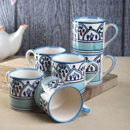 VarEesha Blue & White Ethnic Motifs Printed Ceramic Glossy Cups Set of Cups and Mugs-6